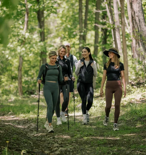 Group of five hikers walking along a forest trail with trekking poles in a sunlit woodland that's lush and green
