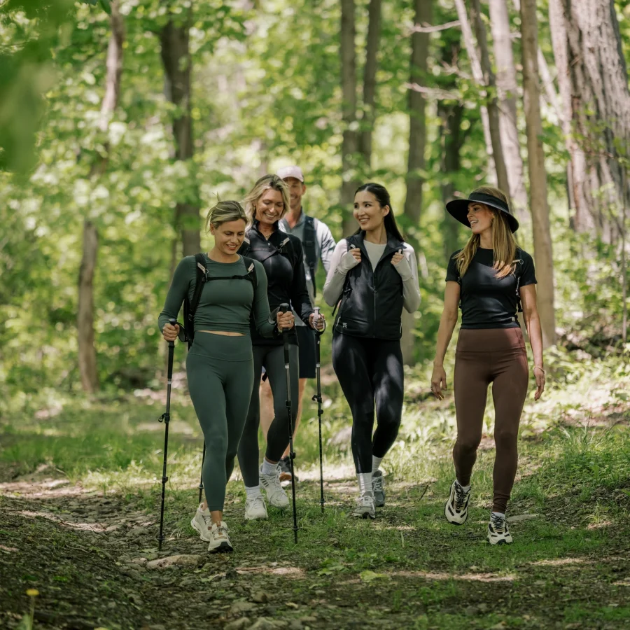 Group of five hikers walking along a forest trail with trekking poles in a sunlit woodland that's lush and green
