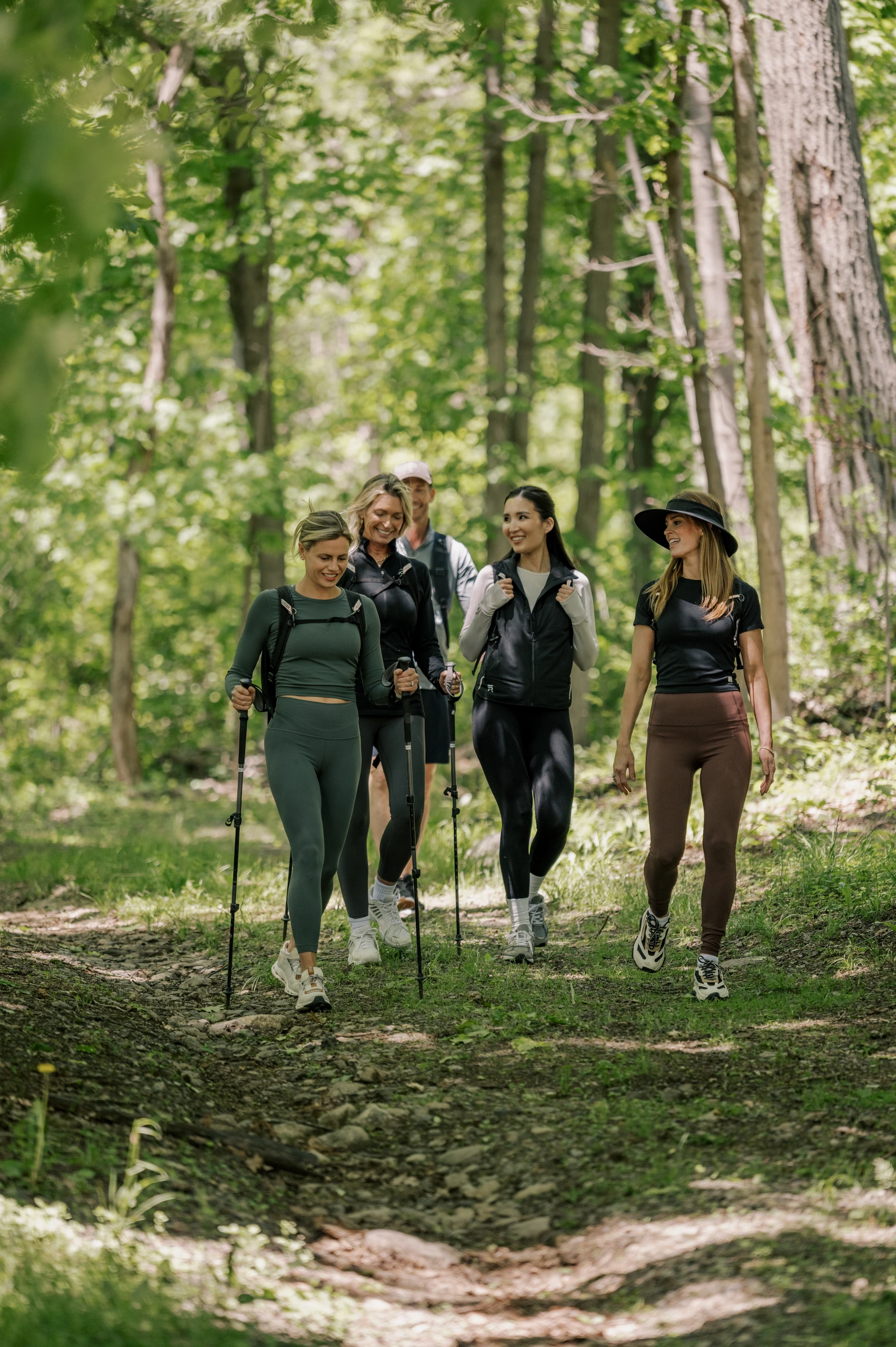 Group of five hikers walking along a forest trail with trekking poles in a sunlit woodland that's lush and green