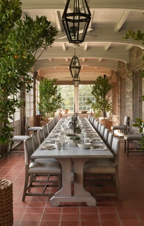 Long dining table in a sunlit conservatory, flanked by orange trees in baskets with place settings and glasses.
