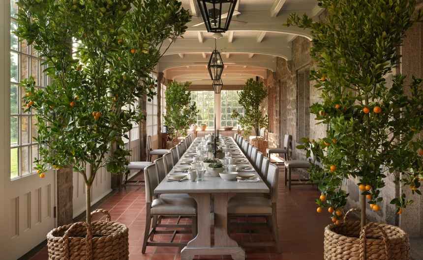 Long dining table in a sunlit conservatory, flanked by orange trees in baskets with place settings and glasses.