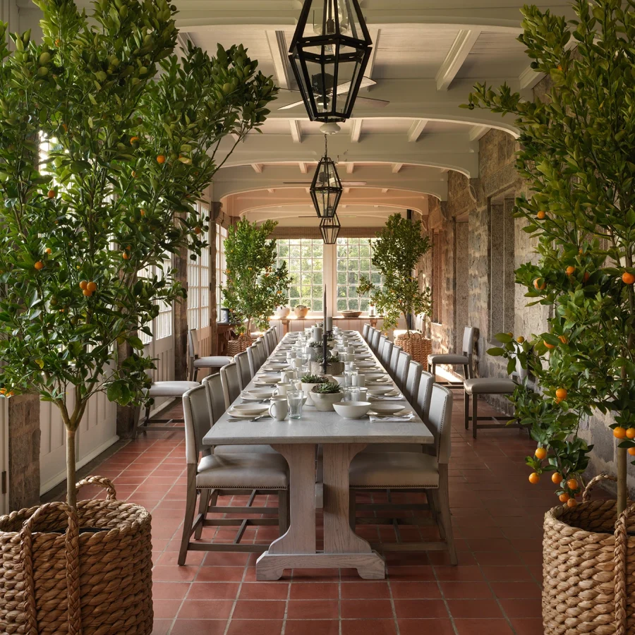 Long dining table in a sunlit conservatory, flanked by orange trees in baskets with place settings and glasses.