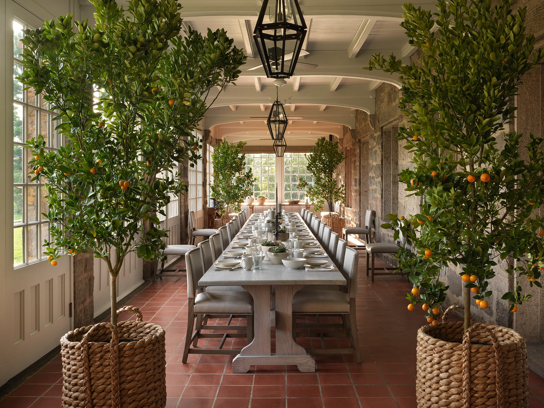 Long dining table in a sunlit conservatory, flanked by orange trees in baskets with place settings and glasses.
