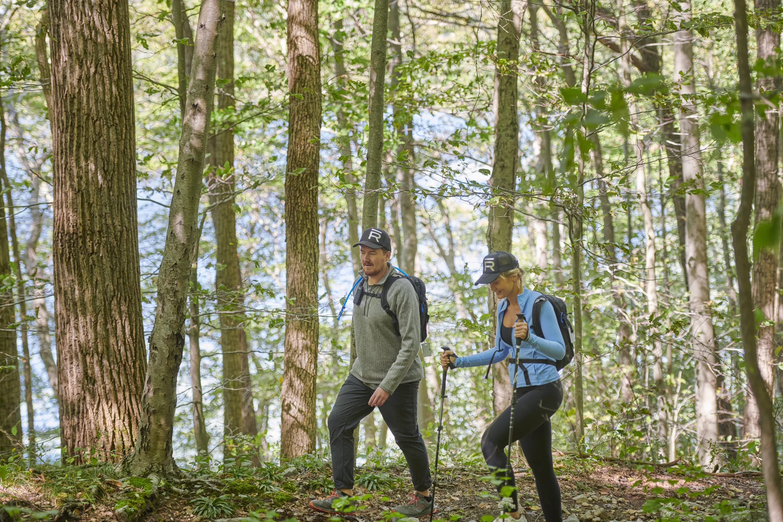 Two hikers trekking through a sunlit forest with backpacks and trekking poles, surrounded by trees and green foliage,