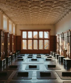 Yoga class setup in a grand room with ornate coffered ceiling, wooden paneled walls, and large windowed back wall; mats and bolsters arranged for practice.