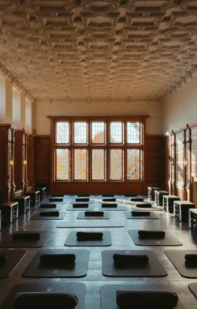 Yoga class setup in a grand room with ornate coffered ceiling, wooden paneled walls, and large windowed back wall; mats and bolsters arranged for practice.
