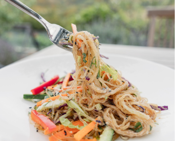 Pile of glass noodles with julienned carrots, cucumbers, and peppers on a white plate outdoors.
