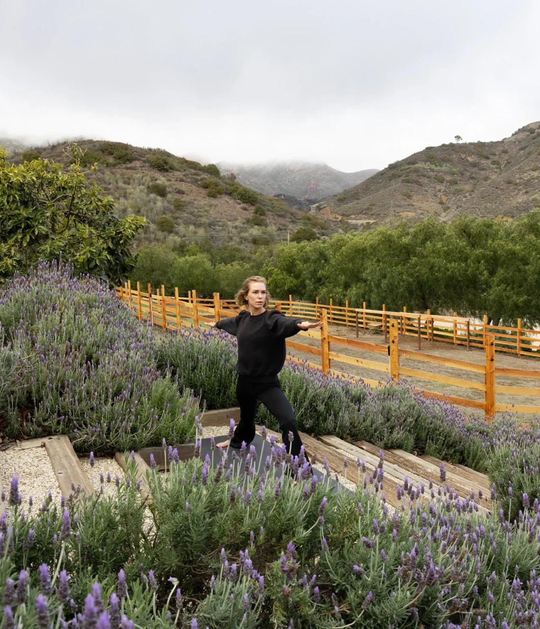 Woman in a black top stands in a lavender garden with purple flowers and a wooden fence, hills in the background under a cloudy sky.