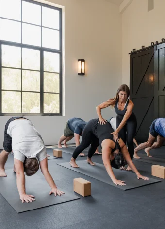 Group yoga class in a bright studio; students on mats perform forward bends while an instructor assists two participants near a large window and dark sliding doors.