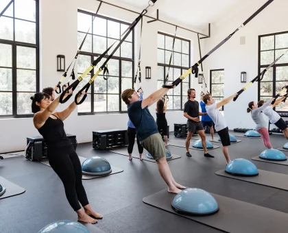 Group of adults in a bright gym using TRX suspension straps for a workout on mats and balance balls nearby.