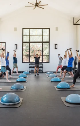 Group fitness class in a bright studio with participants lifting dumbbells overhead while standing on mats, surrounded by balance domes and large windows.