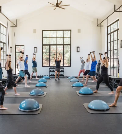 Group fitness class in a bright studio with participants lifting dumbbells overhead while standing on mats, surrounded by balance domes and large windows.