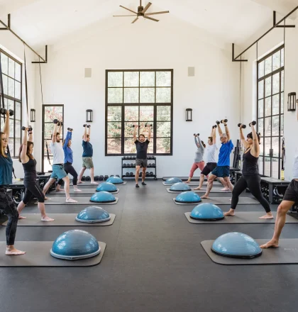 Group fitness class in a bright studio with participants lifting dumbbells overhead while standing on mats, surrounded by balance domes and large windows.