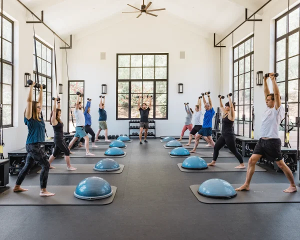 Group fitness class in a bright studio with participants lifting dumbbells overhead while standing on mats, surrounded by balance domes and large windows.