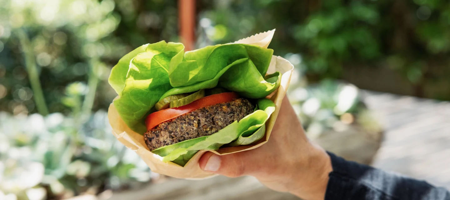 Person holding a burger wrapped in paper with lettuce and tomato, outdoors with greenery in the background.