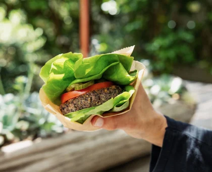 Person holding a burger wrapped in paper with lettuce and tomato, outdoors with greenery in the background.