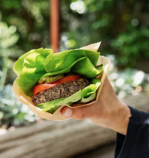 Person holding a burger wrapped in paper with lettuce and tomato, outdoors with greenery in the background.