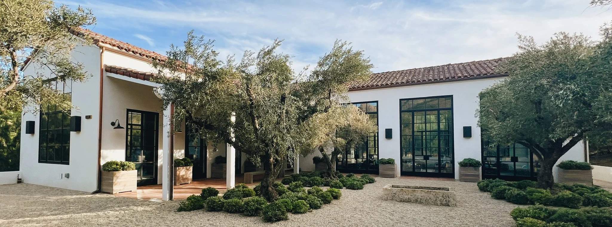 White modern building with large black-framed windows in a gravel courtyard, olive trees, and a blue sky above.