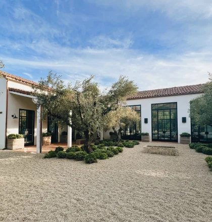 White modern building with large black-framed windows in a gravel courtyard, olive trees, and a blue sky above.