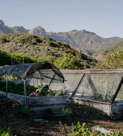Gardening beds and hoop houses in a valley with rocky hills and mountains in the distance under a clear blue sky.