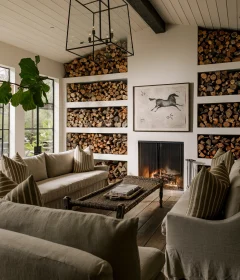 Cozy living room with built-in log storage, beige sofas, and a lit fireplace beneath a black geometric chandelier.