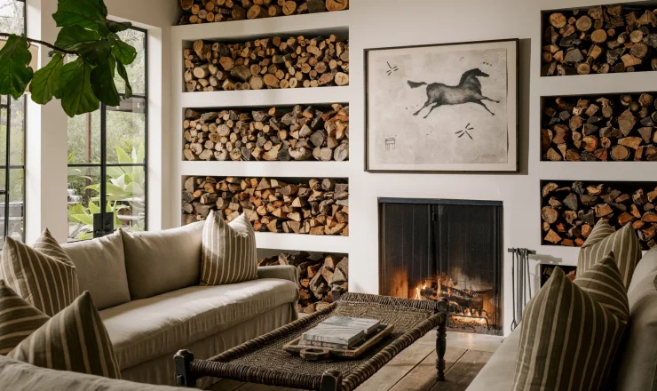 Cozy living room with built-in log storage, beige sofas, and a lit fireplace beneath a black geometric chandelier.