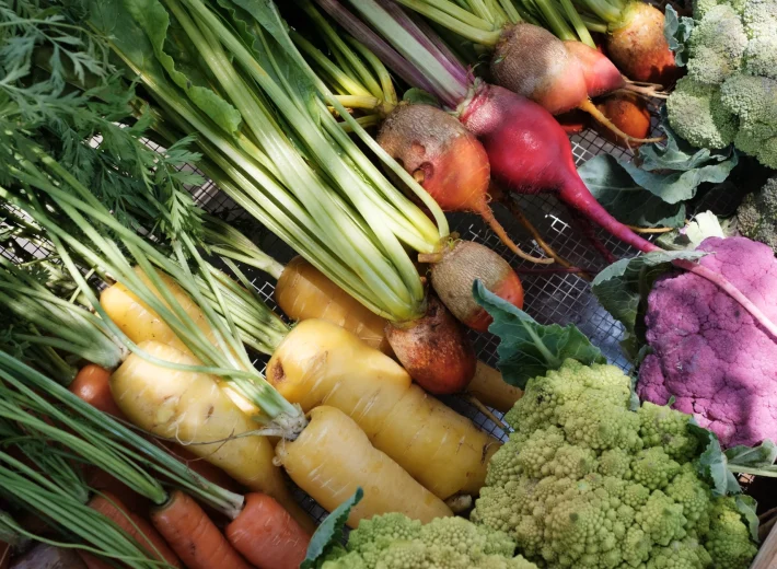 Assorted fresh vegetables at a market: carrots, beets, yellow and orange roots, and green broccoli florets laid out together.
