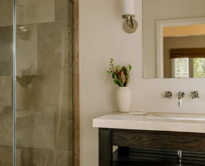 Bathroom area with glass-enclosed shower on the left, a wall light and mirror on the right, and a dark wood vanity with a vase of greenery on the counter.