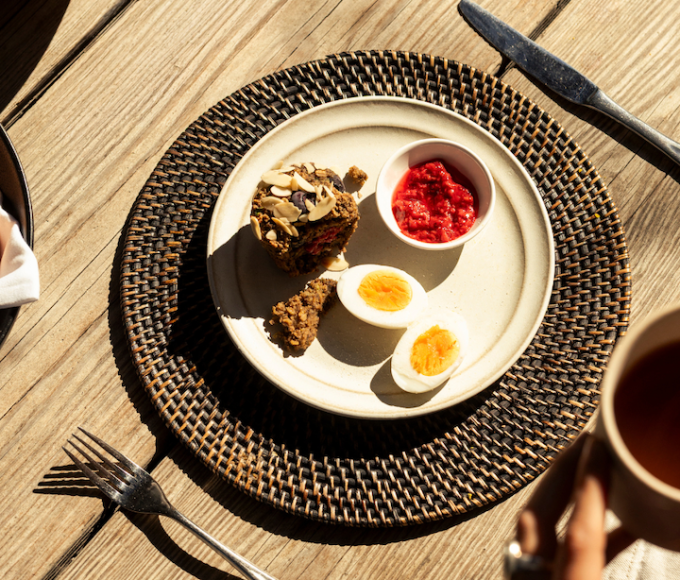 A nourishing breakfast with eggs, homemade jam and a freshly baked muffin at The Ranch Malibu.