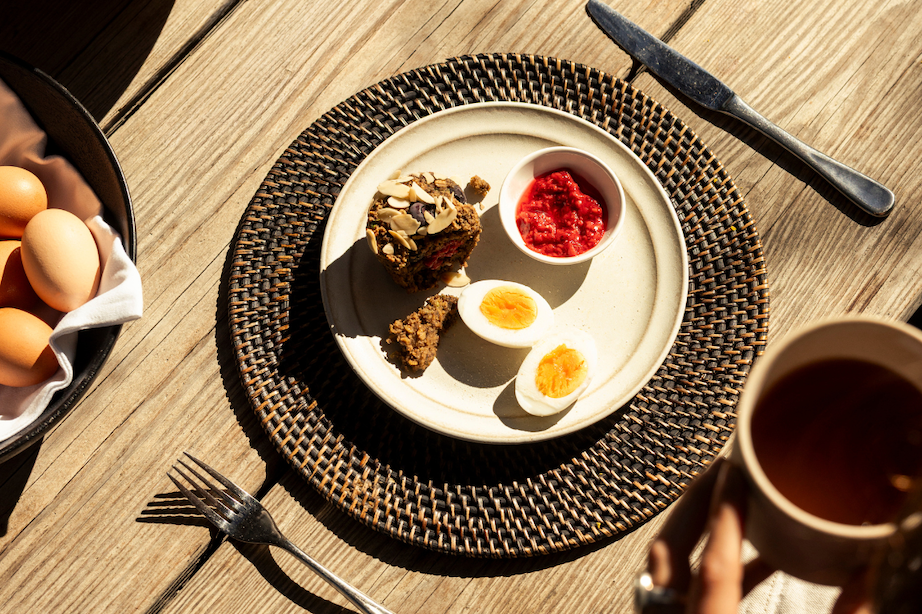 A nourishing breakfast with eggs, homemade jam and a freshly baked muffin at The Ranch Malibu.