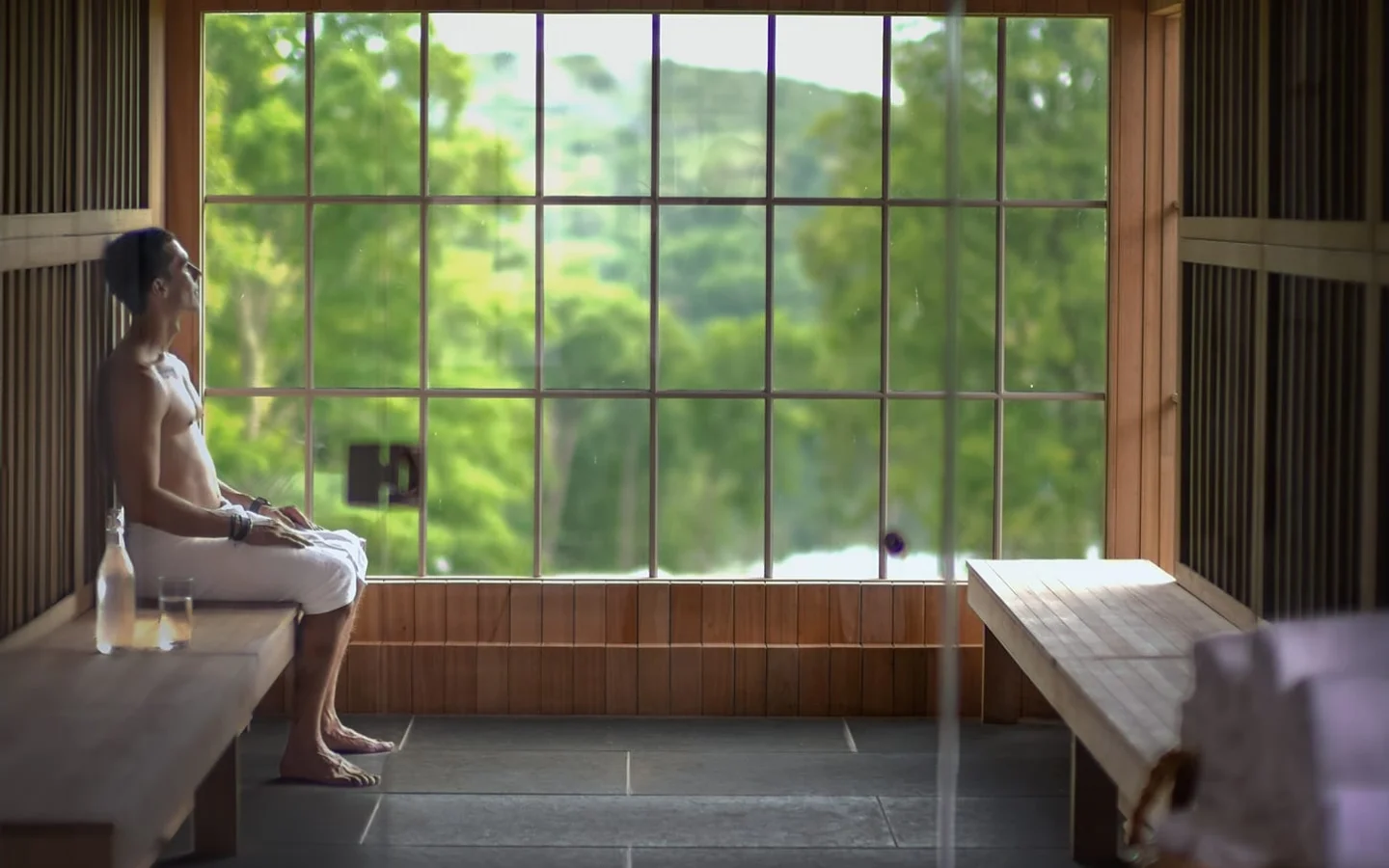 Man sits shirtless on a wooden bench inside a bright sauna, looking toward the large window offering a green outdoor view