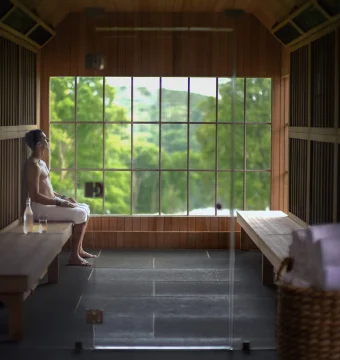 Man sits shirtless on a wooden bench inside a bright sauna, looking toward the large window offering a green outdoor view