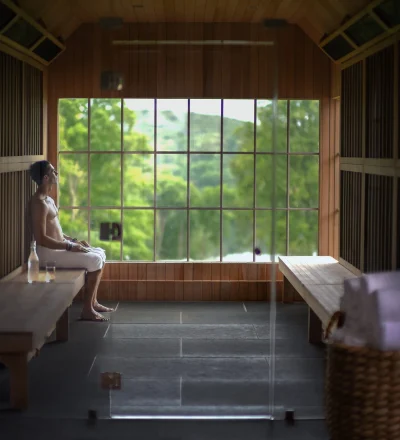 Man sits shirtless on a wooden bench inside a bright sauna, looking toward the large window offering a green outdoor view