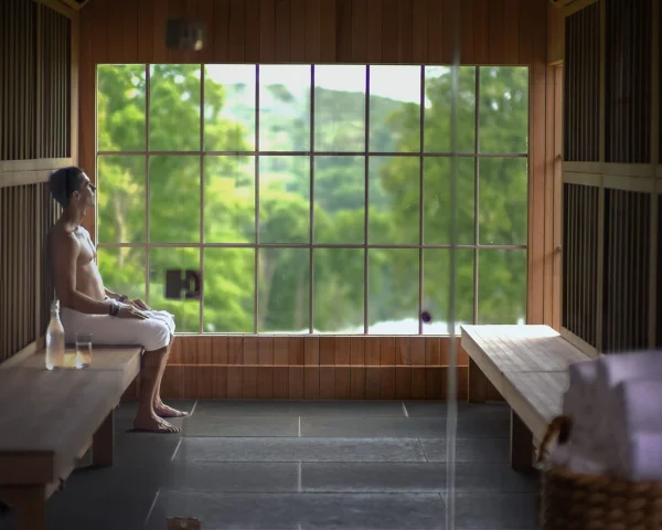 Man sits shirtless on a wooden bench inside a bright sauna, looking toward the large window offering a green outdoor view
