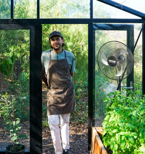 Gardener in an apron and cap stands in a glass greenhouse with a large fan nearby.