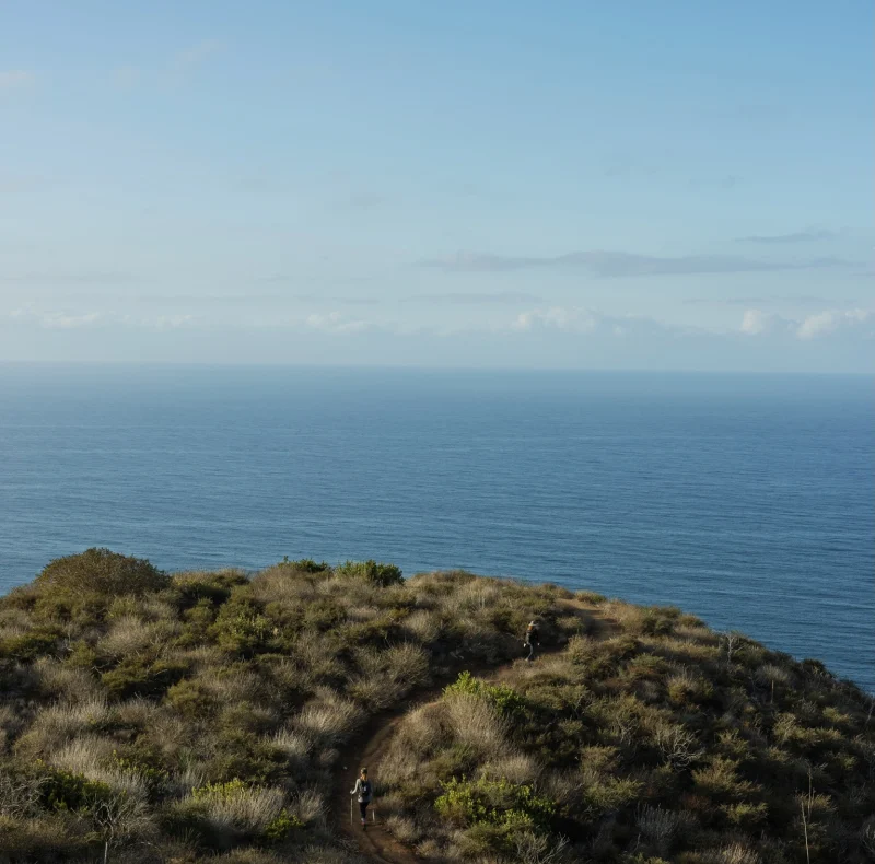Hikers walking a dirt trail along a grassy coastal hillside with the sea and blue sky in the distance.