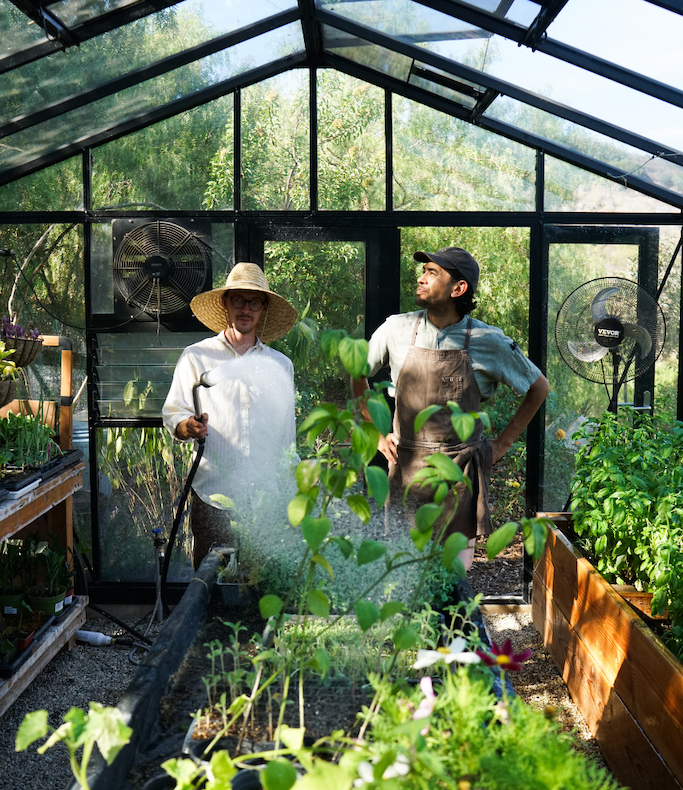 Two gardeners in a glass greenhouse; one wears a straw hat and waters plants with a hose, the other in an apron watches nearby.