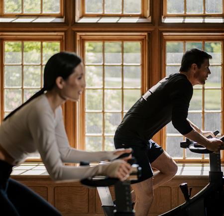 Workout class on stationary bikes