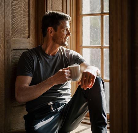 Man relaxing in a window well with a coffee